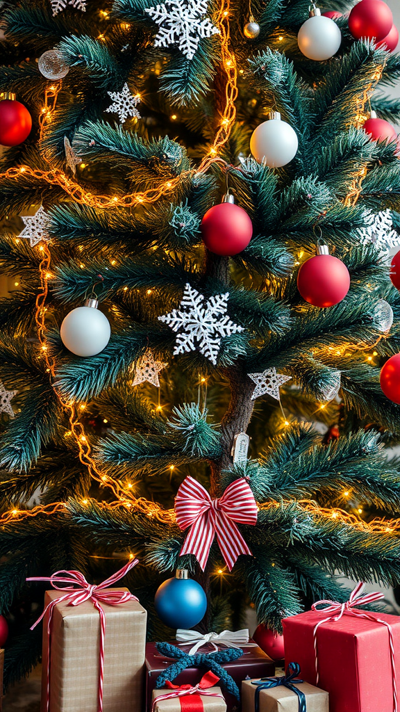 A Christmas tree decorated with miniature gift boxes, ornaments, and snowflakes.