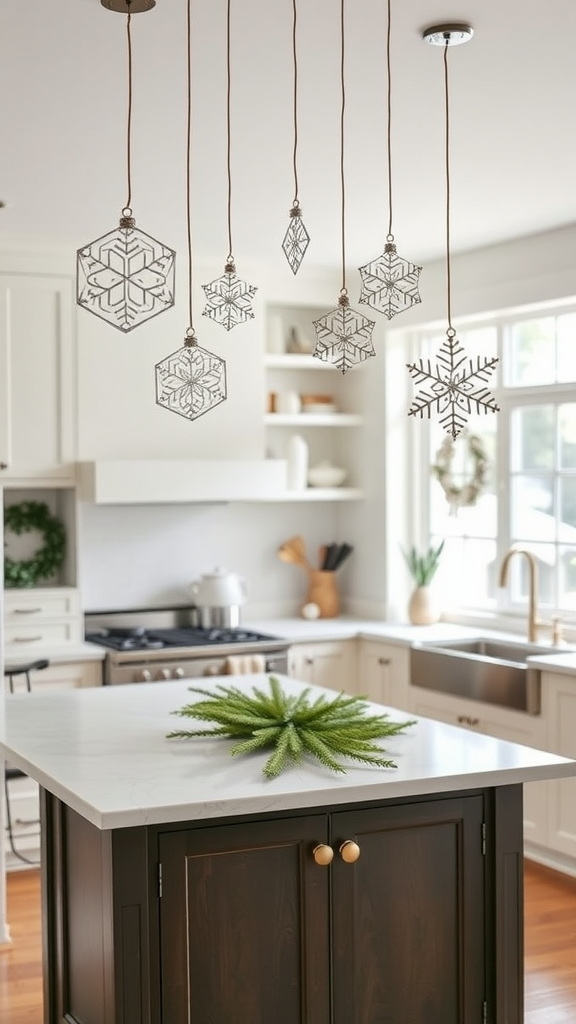 Hanging snowflake ornaments in a kitchen