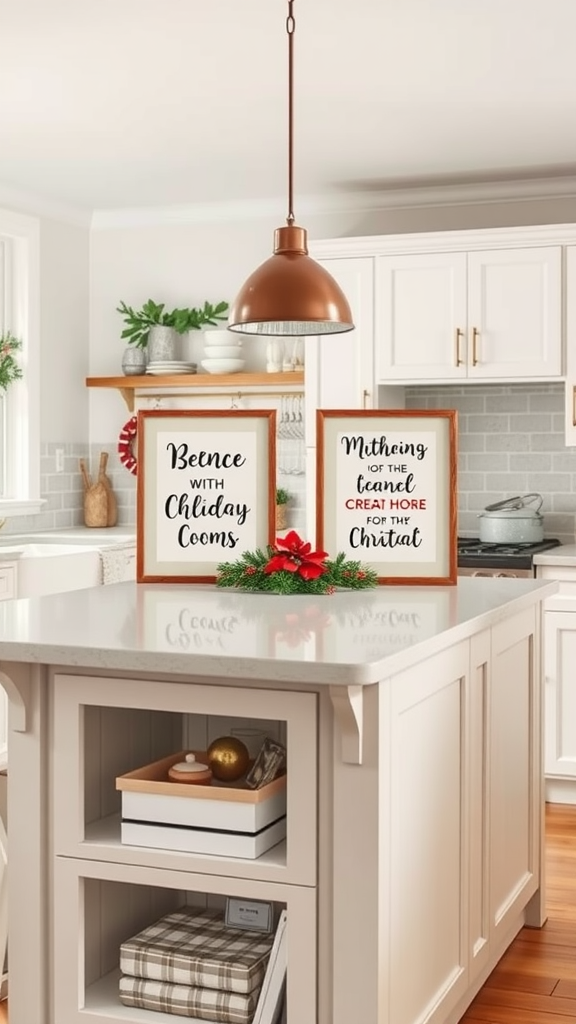 A cozy kitchen island decorated with holiday-themed framed quotes and greenery.