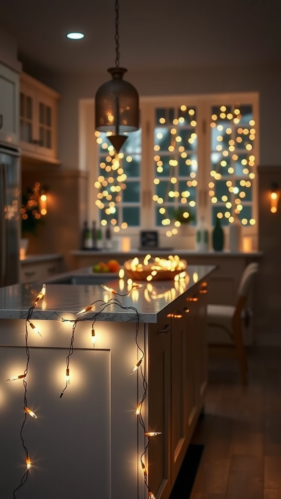 A kitchen decorated with twinkling fairy lights, creating a warm and festive atmosphere.