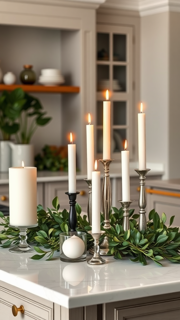 A decorative arrangement of candles on a kitchen island, surrounded by greenery.