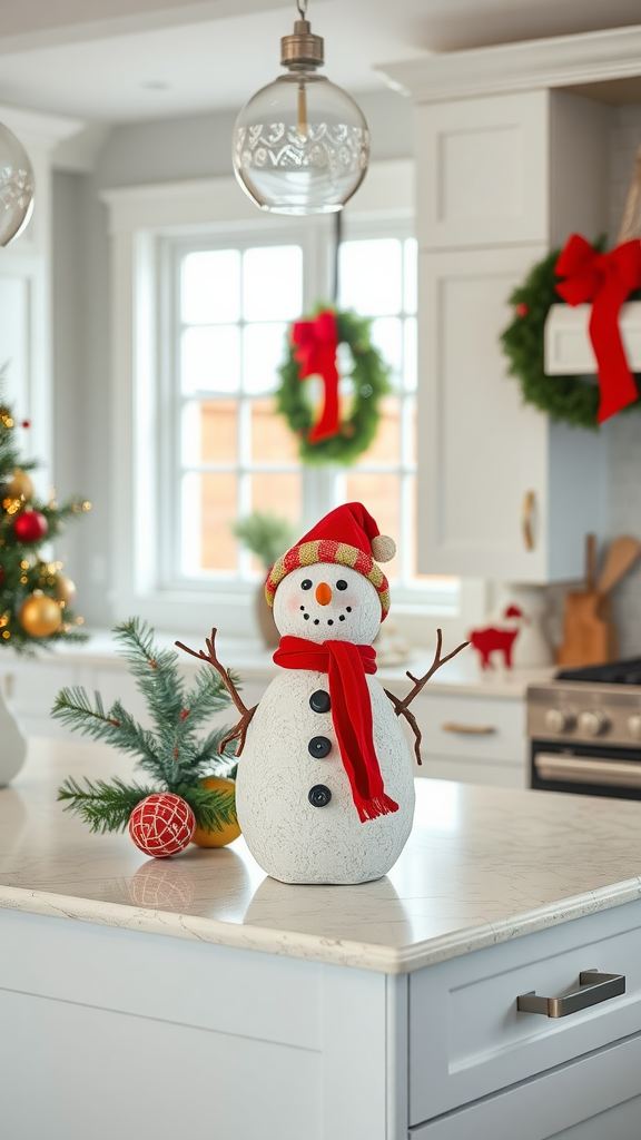 A cheerful snowman decoration on a kitchen island, surrounded by Christmas ornaments and greenery.