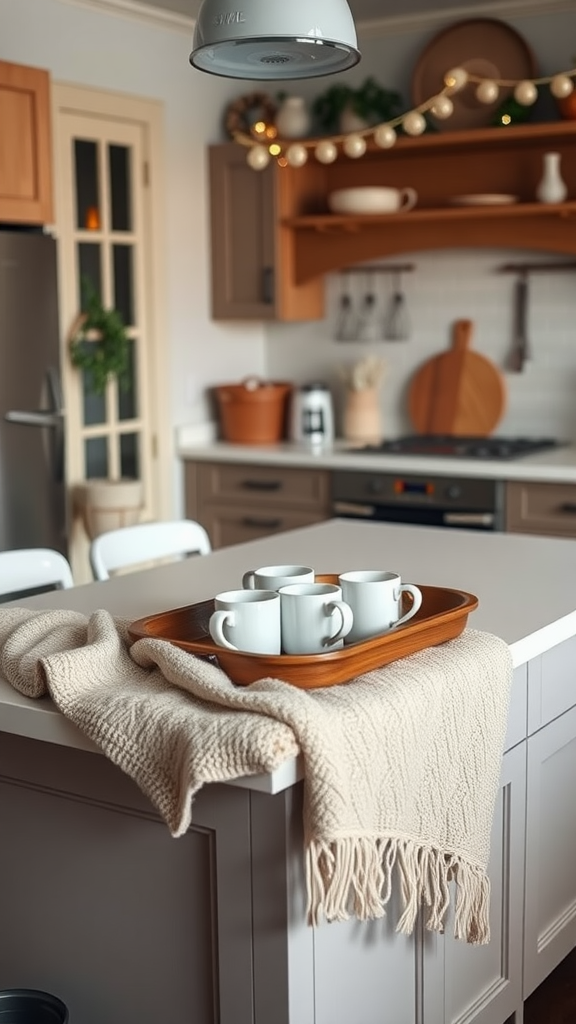 A cozy kitchen island setup with a warm blanket, mugs, and soft lighting.
