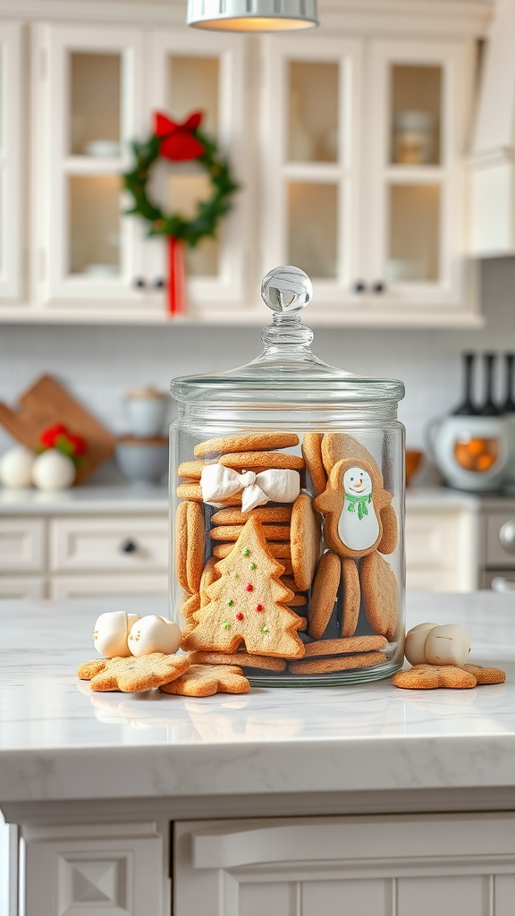 A glass jar filled with various Christmas cookies, including snowmen and Christmas tree shapes, placed on a kitchen island.