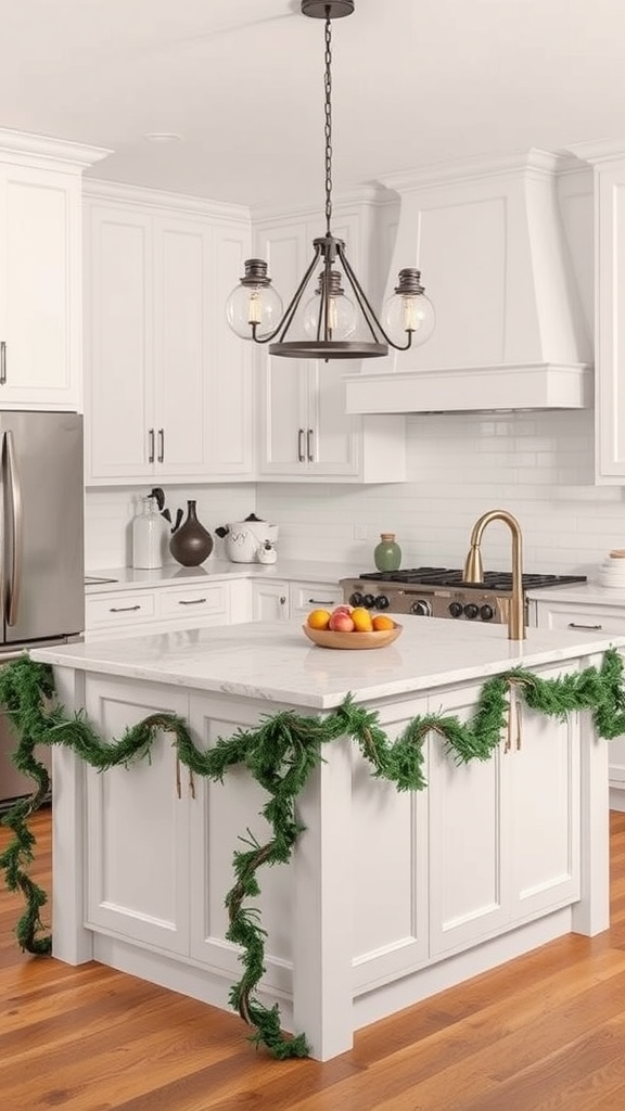 A beautifully decorated kitchen island with twisted green garland draped around it, featuring a marble countertop and a bowl of fruit.
