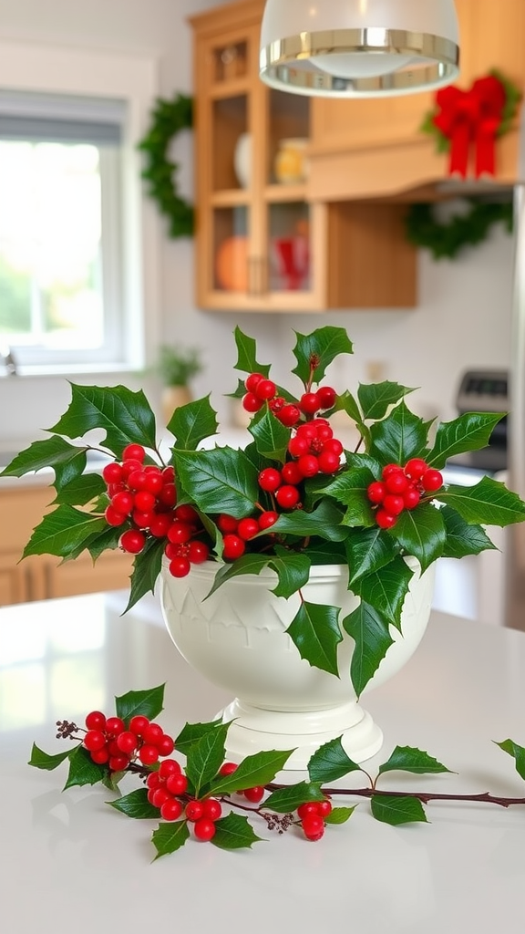 A decorative bowl filled with holly and red berries on a kitchen island.