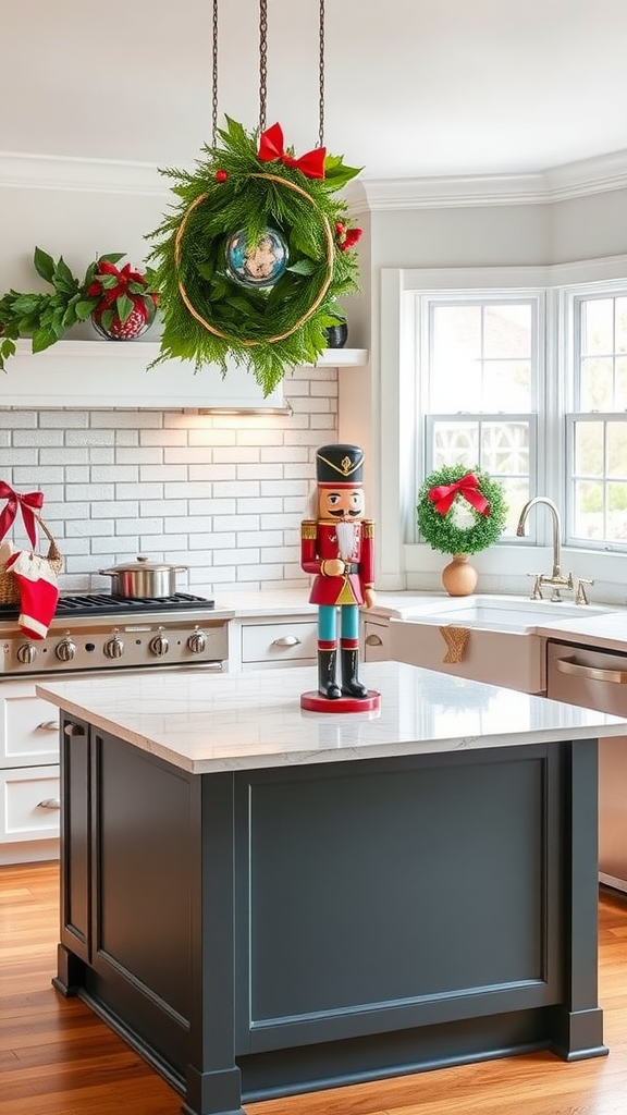 A kitchen decorated for Christmas featuring a nutcracker figurine on the island and festive wreaths.