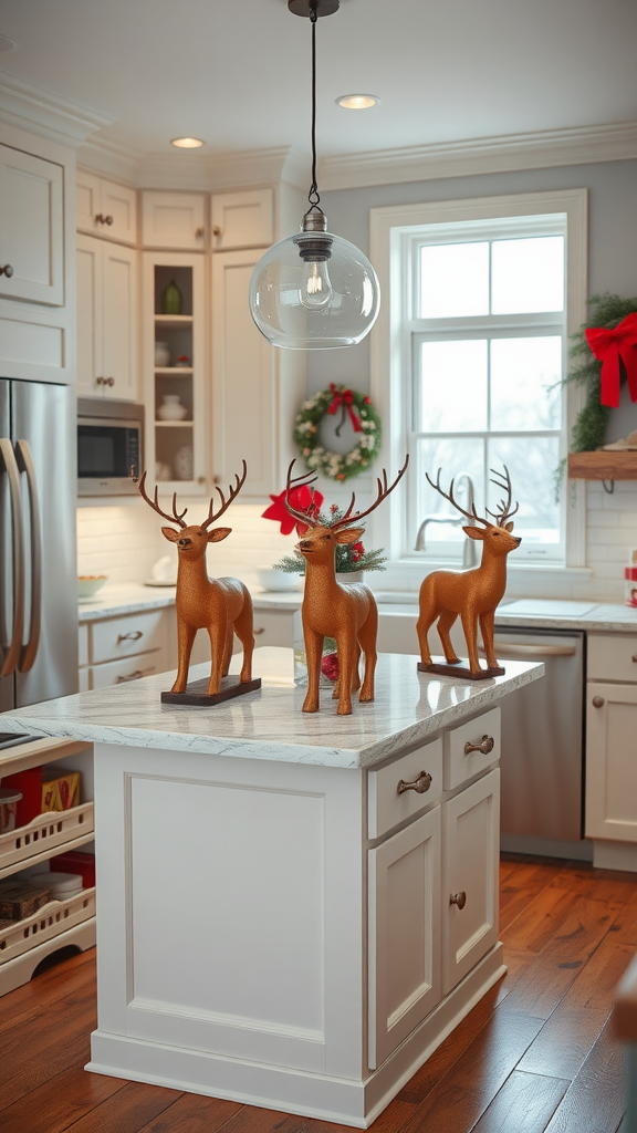 Decorated kitchen island with reindeer figurines and holiday decor.