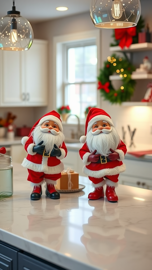 Two Santa Claus figurines in a kitchen with festive decor