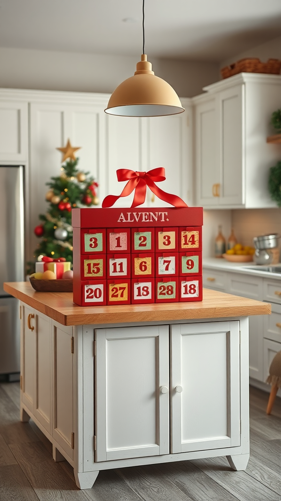 A festive advent calendar displayed on a kitchen island, decorated with a red bow, with numbers and colorful boxes.