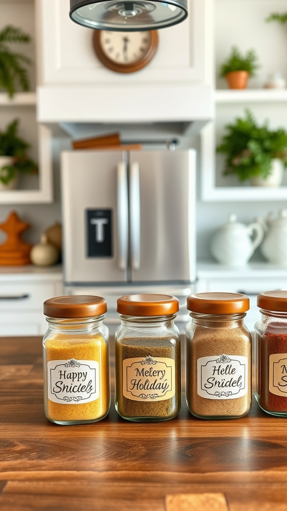 A row of decorative spice jars with festive labels on a kitchen island.