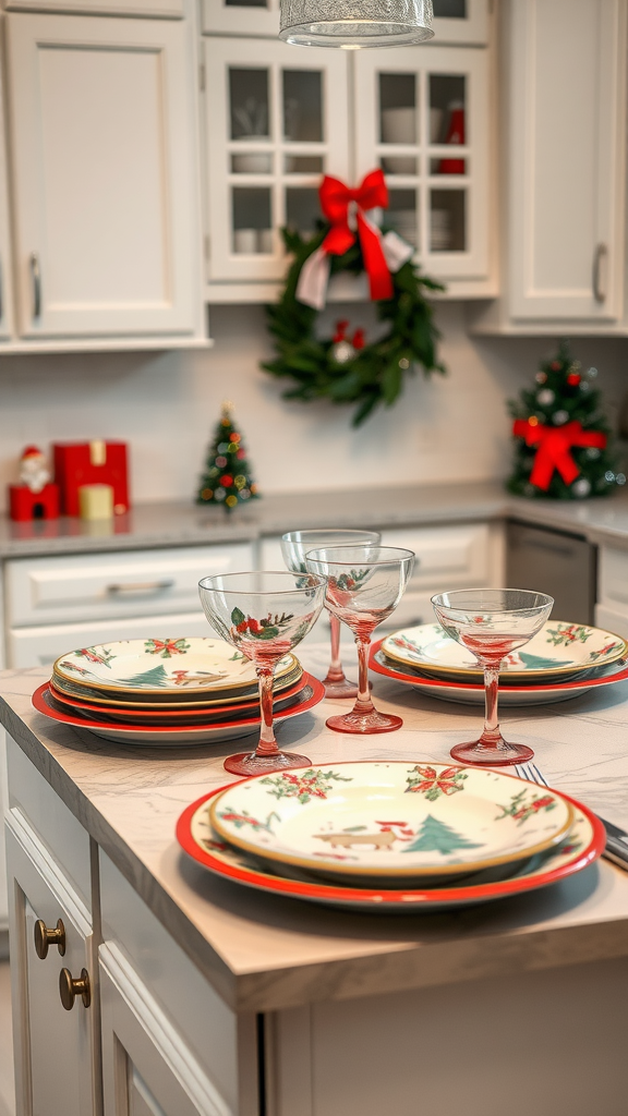 Festive Christmas tableware including decorative plates and glasses on a kitchen island.
