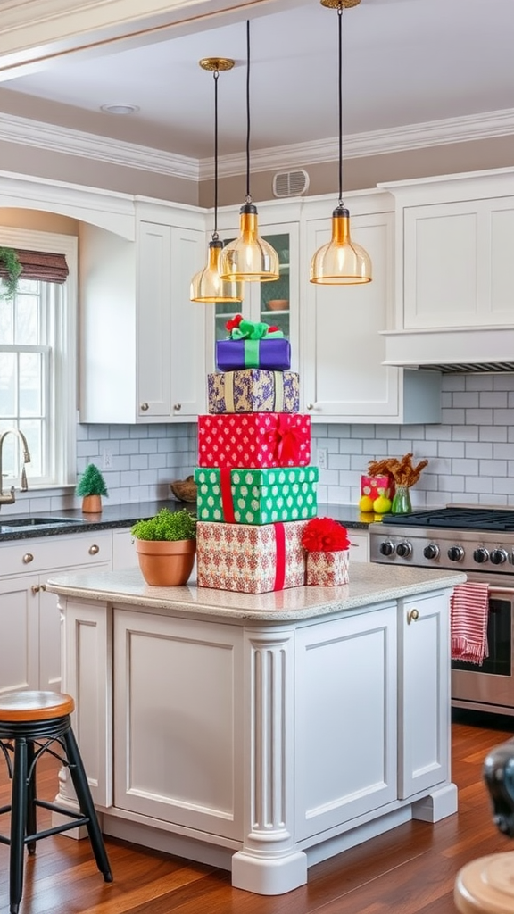 A kitchen island decorated with stacked colorful Christmas presents.