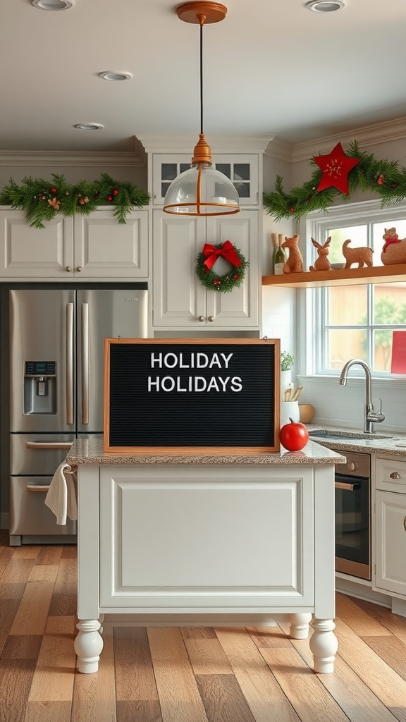A kitchen island decorated for Christmas with a message board displaying 'HOLIDAY HOLIDAYS' surrounded by festive decor.