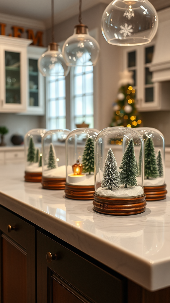 Mason jar snow globes with miniature trees and a warm light inside.