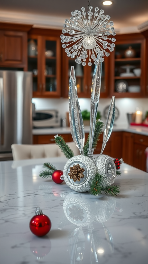 A sparkling Christmas table centerpiece featuring silver and red ornaments with greenery on a kitchen island.
