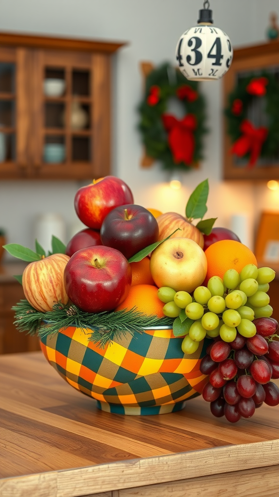 A colorful fruit bowl filled with various fruits including apples, oranges, and grapes, placed on a wooden kitchen island.