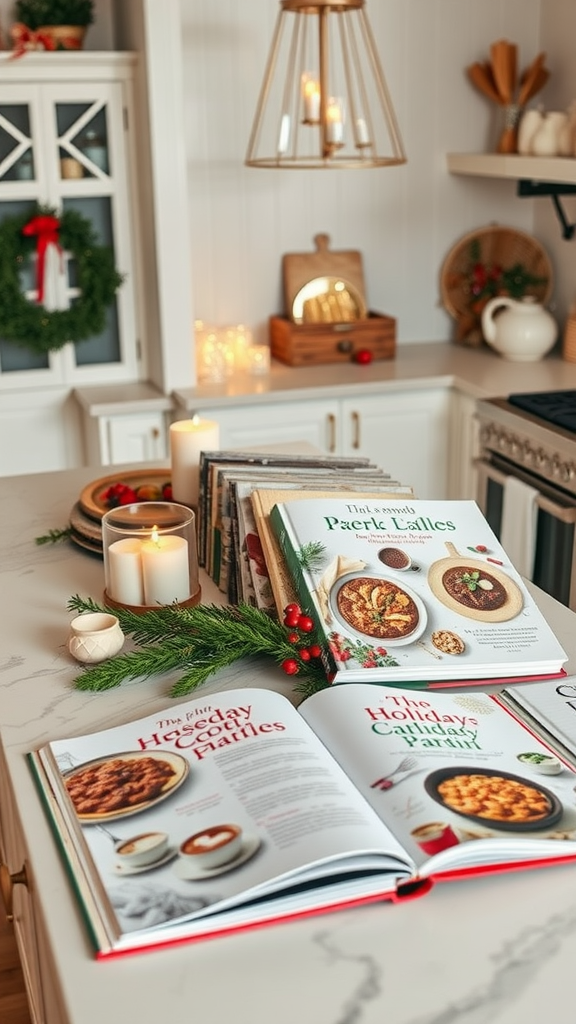 Decorated kitchen island with holiday-themed cookbooks and festive decor.