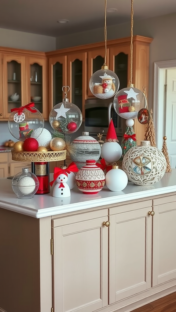 A collection of DIY Christmas ornaments displayed on a kitchen island, featuring various festive designs and colors.