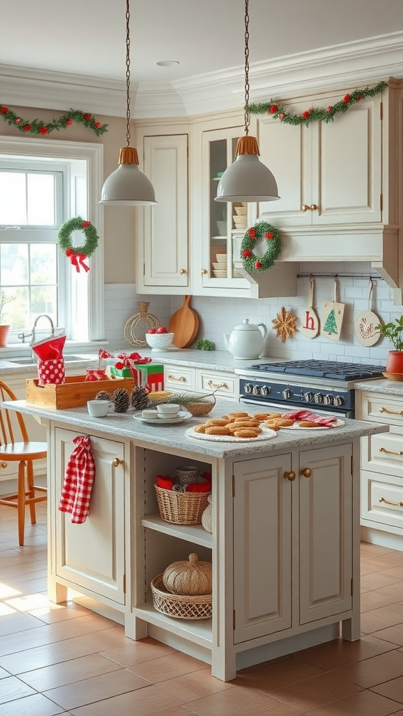 A beautifully decorated kitchen island set up as a holiday baking station with festive decor and baked goods.