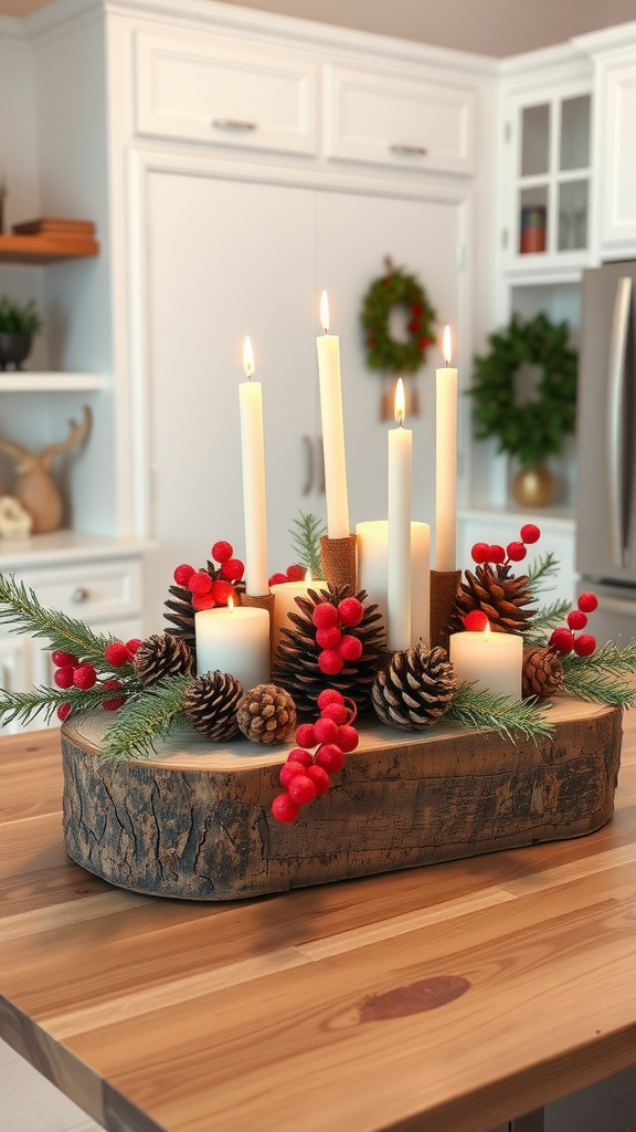 A rustic wood centerpiece with candles, pinecones, and red berries on a kitchen island.