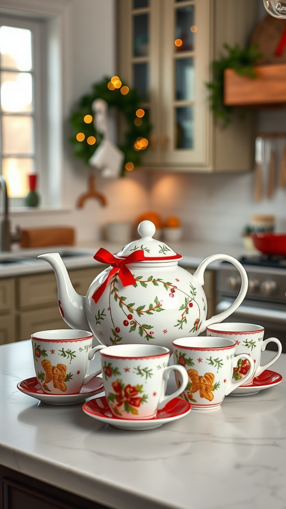 A charming holiday teapot with red ribbon, surrounded by matching cups on a kitchen island.