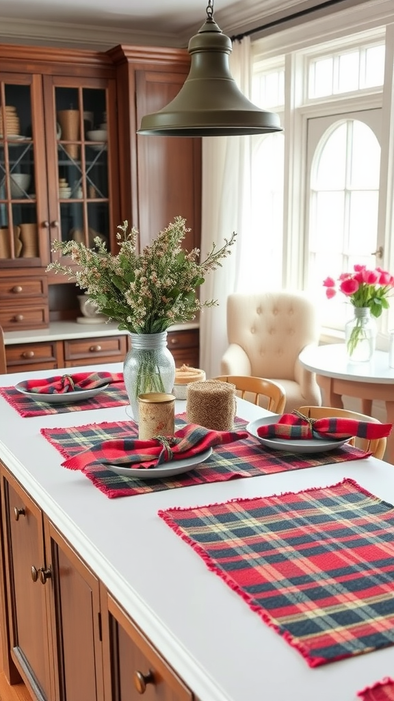 A kitchen island decorated with plaid accents, featuring a vase of flowers and candles.