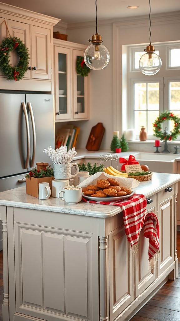 A beautifully arranged festive wreath centerpiece on a kitchen island with candles.