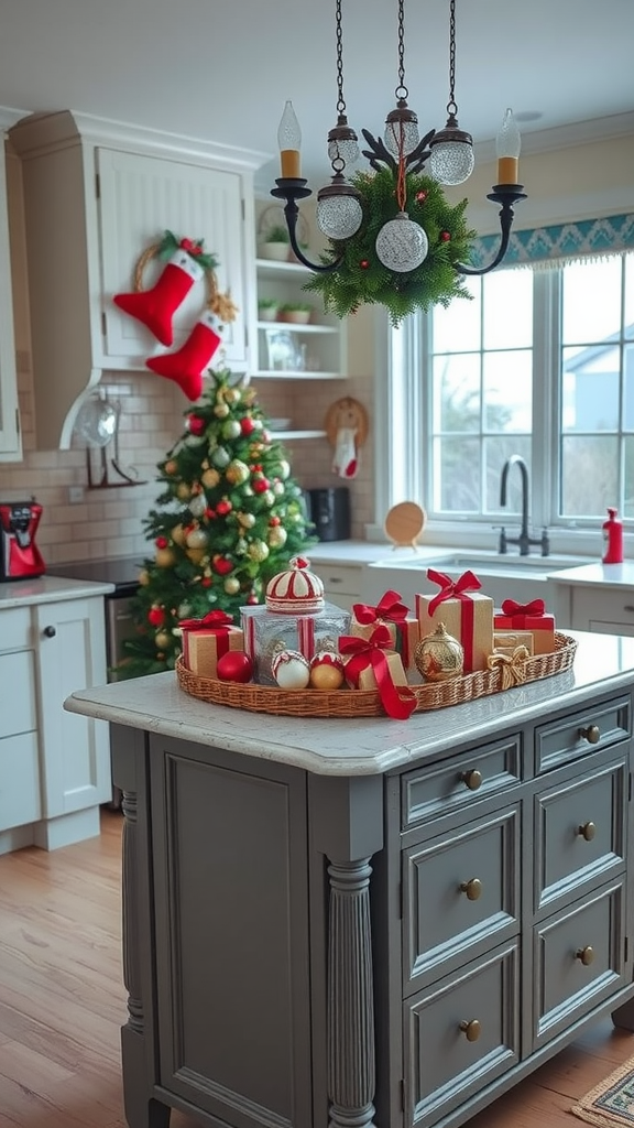 A kitchen island decorated with vintage ornaments, ribbons, and small gifts for Christmas.