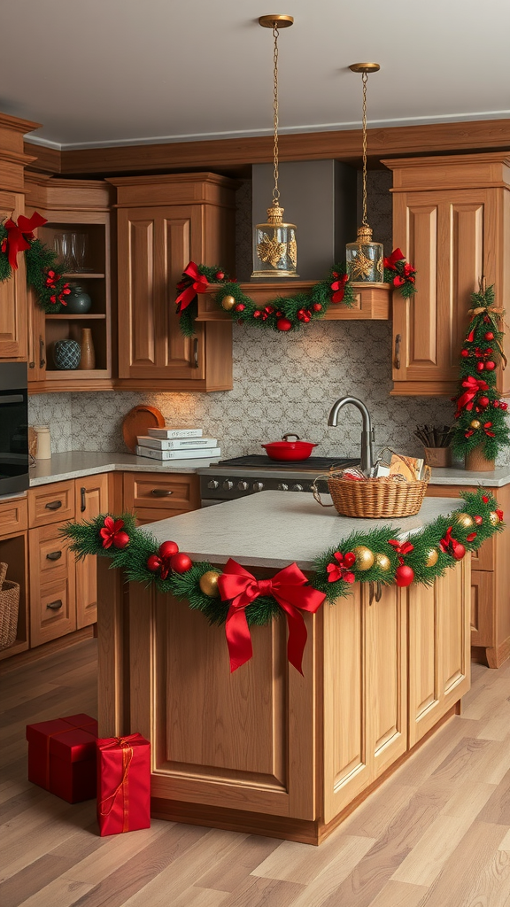 A beautifully decorated kitchen island featuring red and gold Christmas decor.