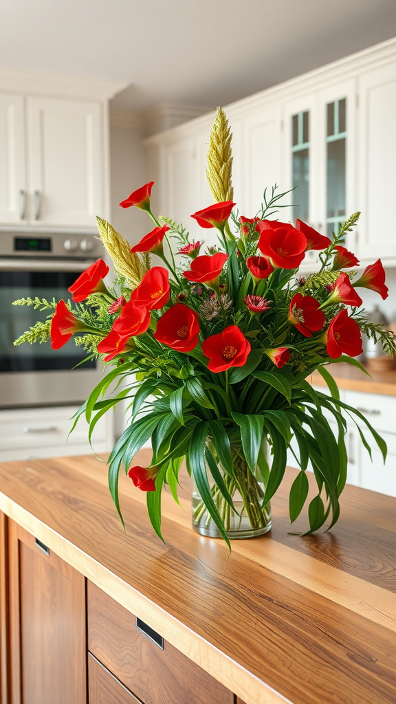 A vibrant floral arrangement with red flowers and greenery in a glass vase on a wooden kitchen island.