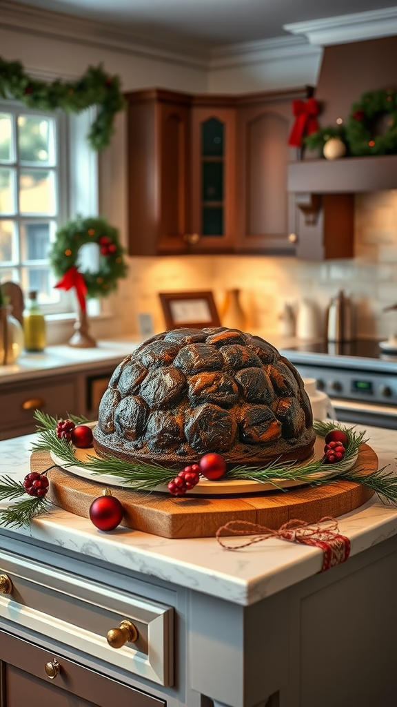 A traditional Christmas pudding displayed on a wooden board with festive decorations.