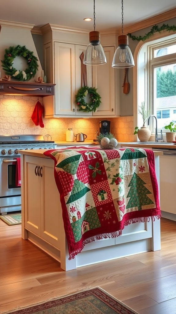 A cozy kitchen island decorated with a Christmas quilt displaying festive patterns.