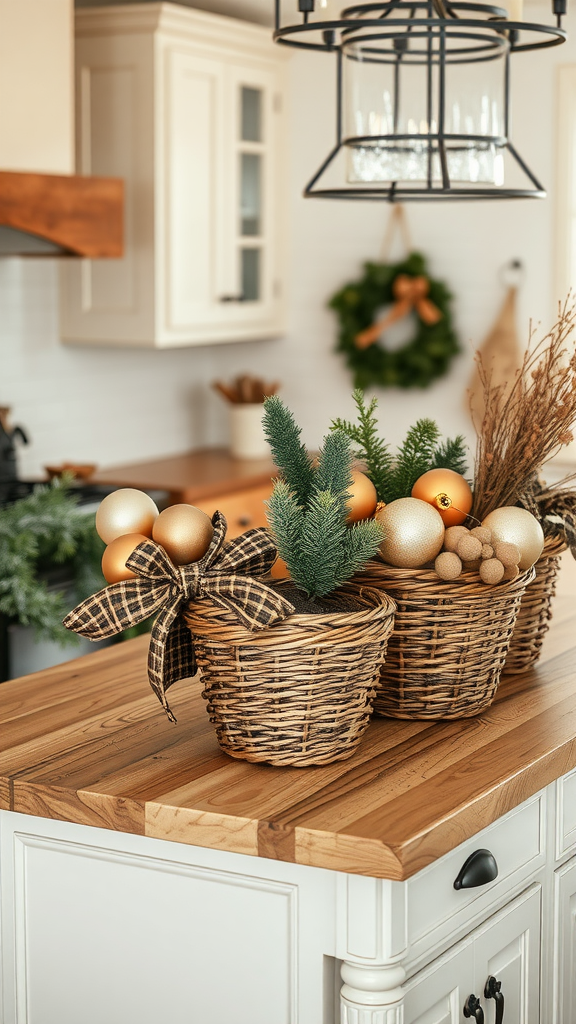 Woven baskets filled with gold and cream ornaments and greenery, placed on a wooden kitchen island.