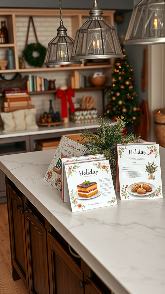 A collection of holiday recipe cards displayed on a kitchen island with festive decorations.