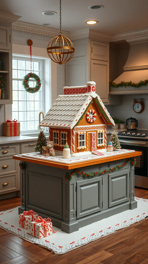 A beautifully decorated gingerbread house on a kitchen island, surrounded by festive decorations and gifts.