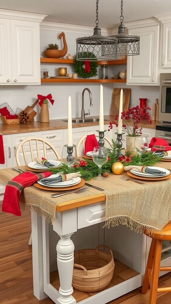 Burlap table setting with candles, greens, and ornaments for Christmas decor.