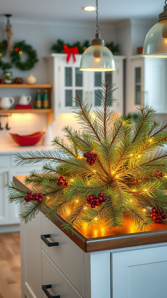 A beautifully decorated kitchen island with pine branches, lights, and berries.