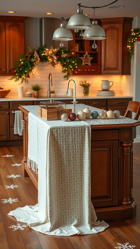 A kitchen island decorated with a snowy white table runner, along with festive ornaments and holiday decor.