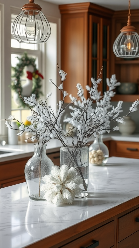 Frosted glass vases with branches and decorative accents on a kitchen island
