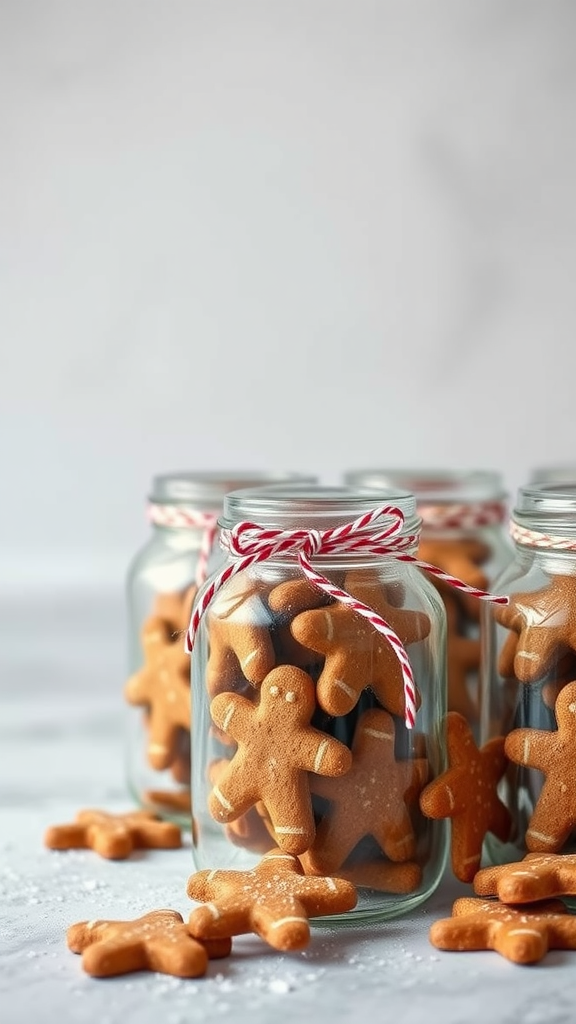 Jars filled with gingerbread biscuits tied with red and white string, with some biscuits scattered around.