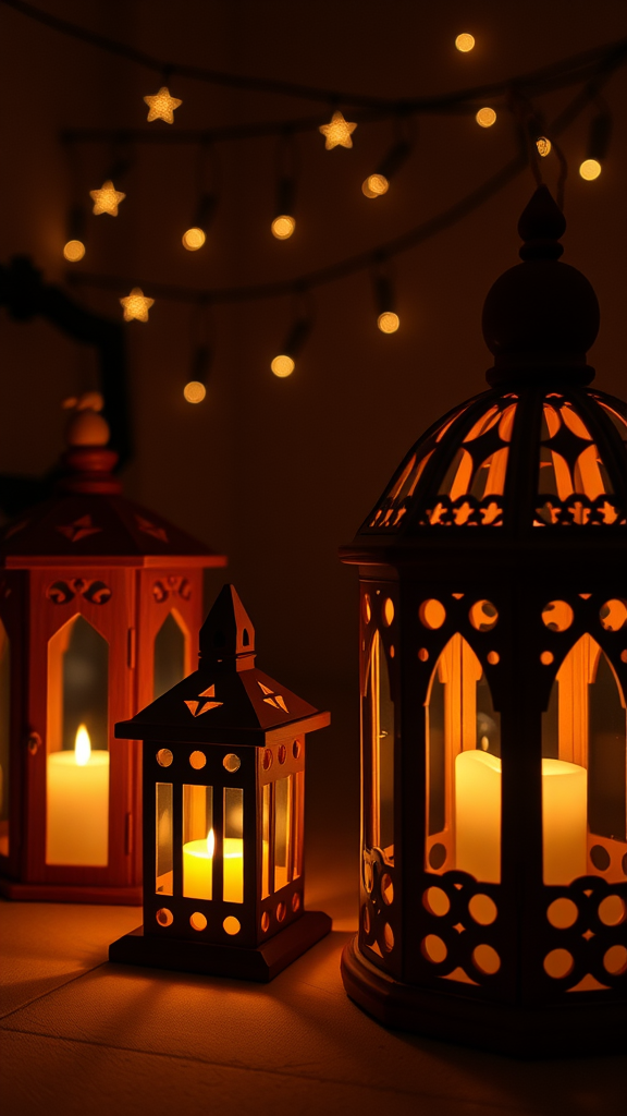Gingerbread lanterns with candles glowing warmly in a dark setting.