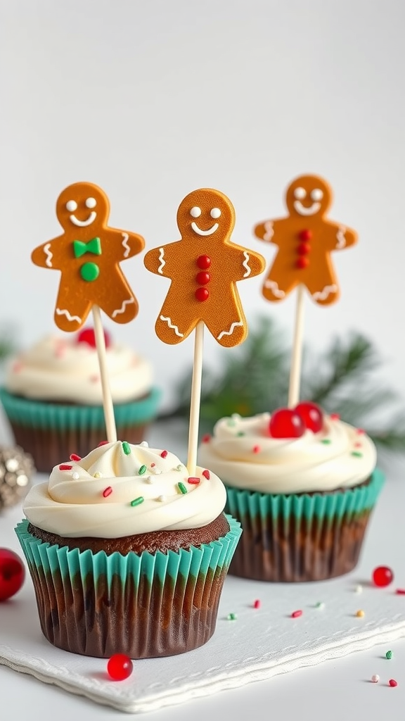 Cupcakes topped with gingerbread man decorations and festive sprinkles.