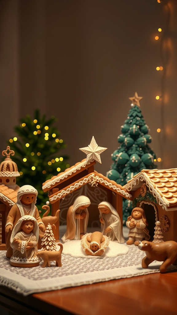 Gingerbread nativity scene with figures of Mary, Joseph, and baby Jesus, surrounded by gingerbread animals and a decorated Christmas tree.