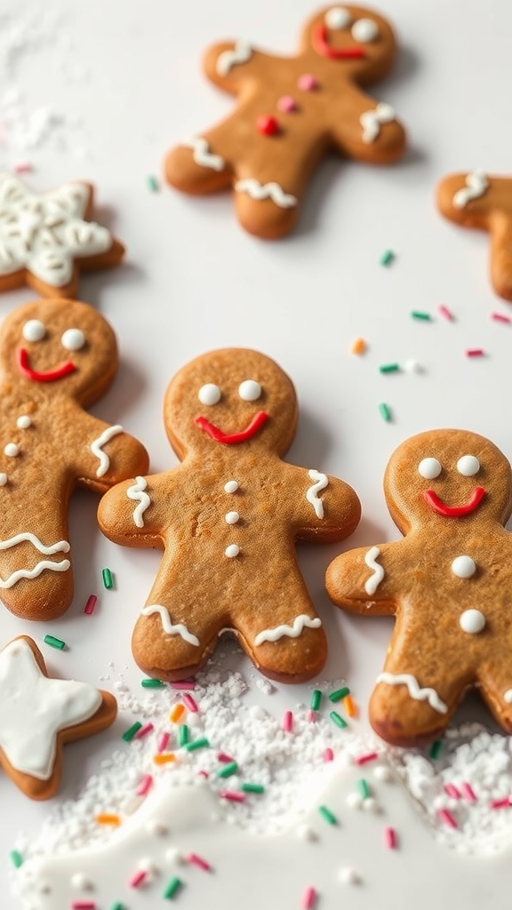 A variety of gingerbread men cookies decorated with icing and colorful sprinkles