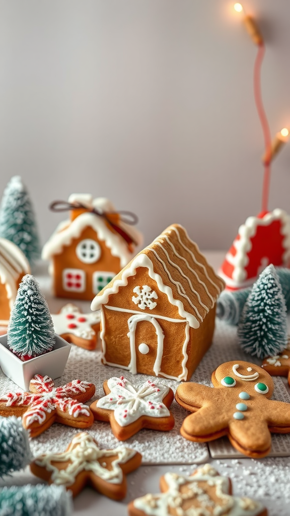 A cozy setup for a gingerbread cookie exchange featuring decorated cookies, a gingerbread house, and festive decorations.