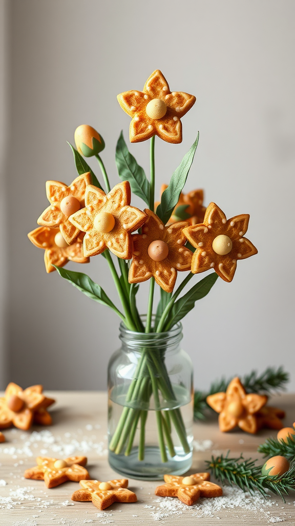 A bouquet of gingerbread cookies shaped like flowers in a glass jar, surrounded by more cookies and green foliage.