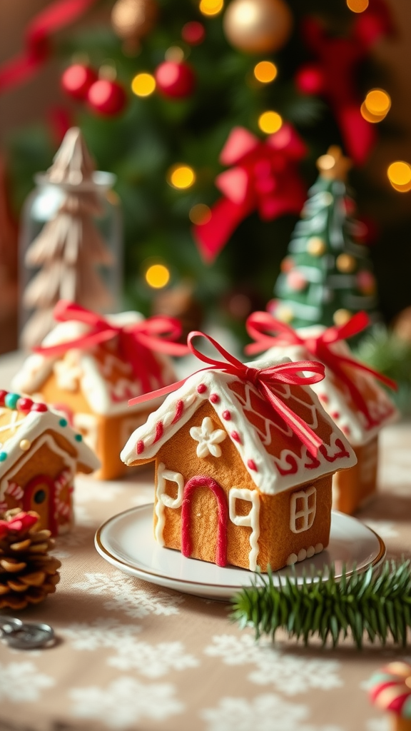 Beautifully decorated gingerbread house cookies with festive ribbons on a table