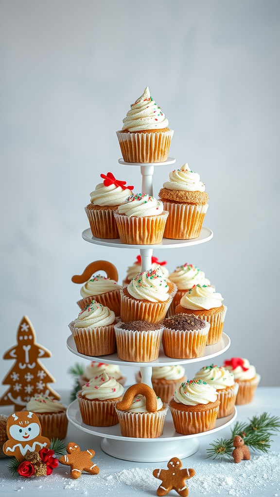 A tiered cupcake stand featuring festive cupcakes decorated with cream frosting and holiday sprinkles, surrounded by gingerbread cookies.
