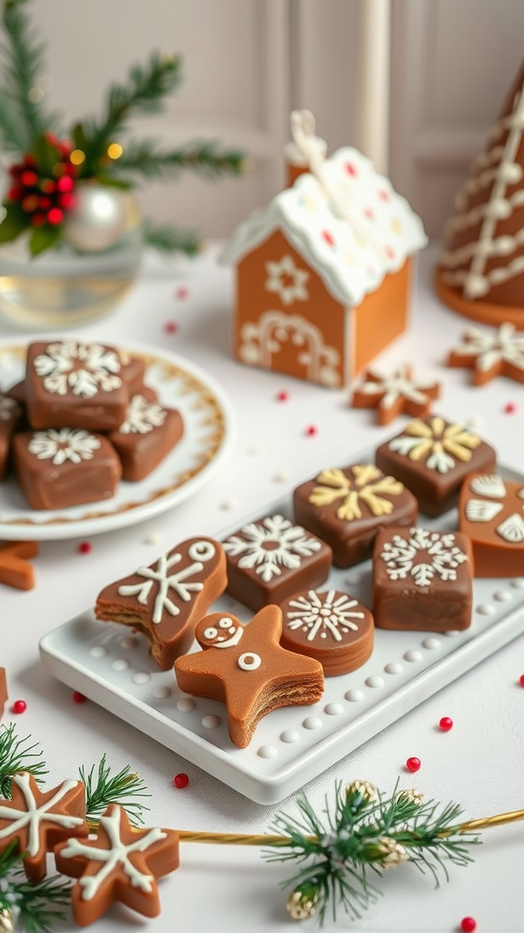 A decorative display of gingerbread chocolates and festive decor